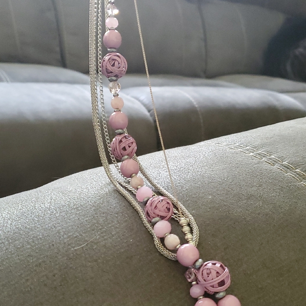 Pink Beaded Layered Necklace Silver Tone Multi Strand Statement Necklace - Picture 3 of 8